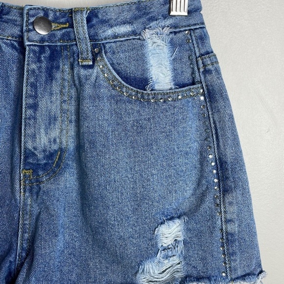 Superdown Revolve Size 23 Medium Wash Rhinestone Studded Distressed Denim Shorts - Picture 3 of 11